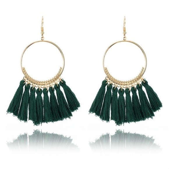 Bella Smyle Jewelry - BE23 | Boho Hoop Green Cotton Tassel Earrings